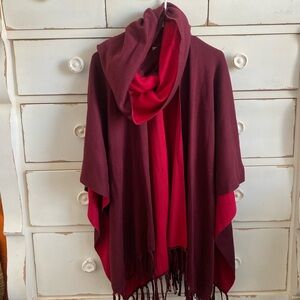 Chico's Red and Burgundy Shawl with Fringe & Matching Infinity Scarf